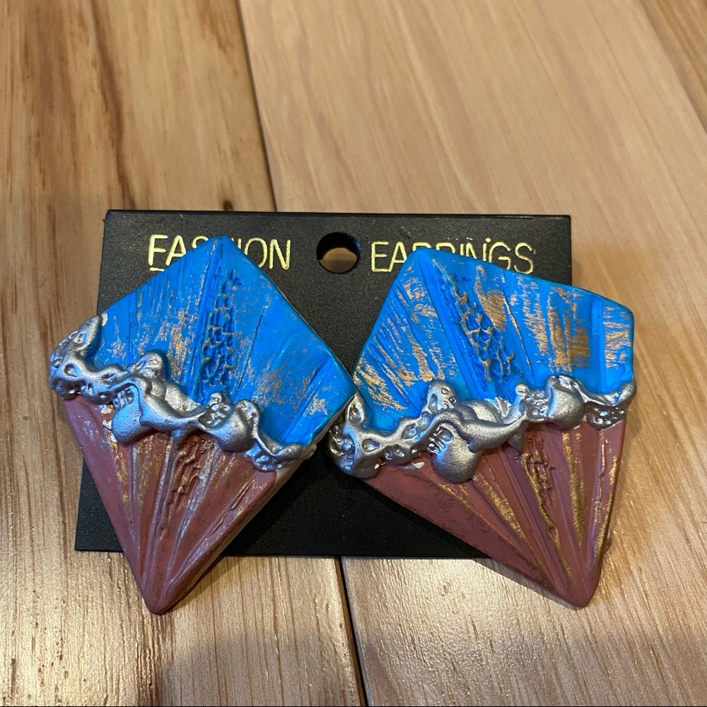 Chunky Abstract 90s Hand Painted Kite Shaped Post Back Earrings